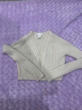 H&M Ribbed V-Neck Cropped Cardigan - Light Beige